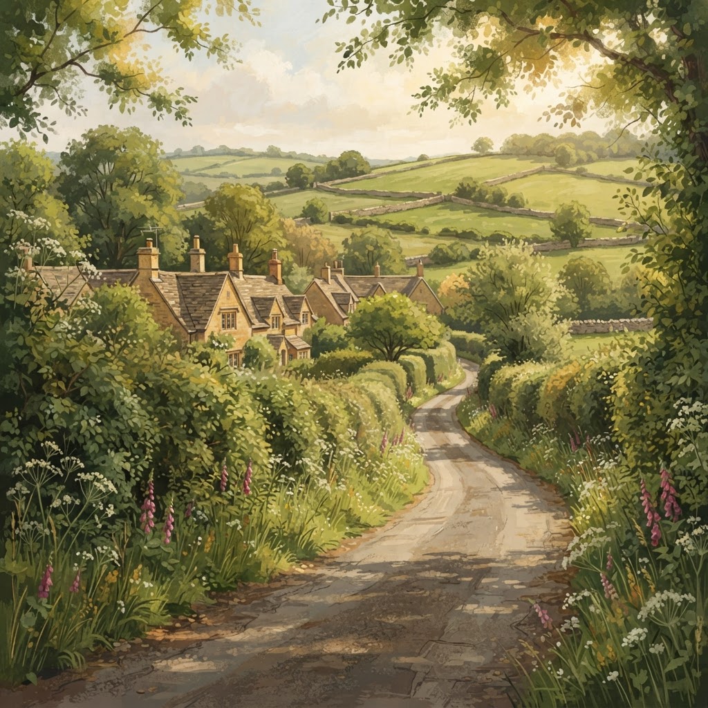 Illustration of Cotswold countryside with honey-coloured stone villages and rolling hills for Oxford to Cotswolds private transfer travel