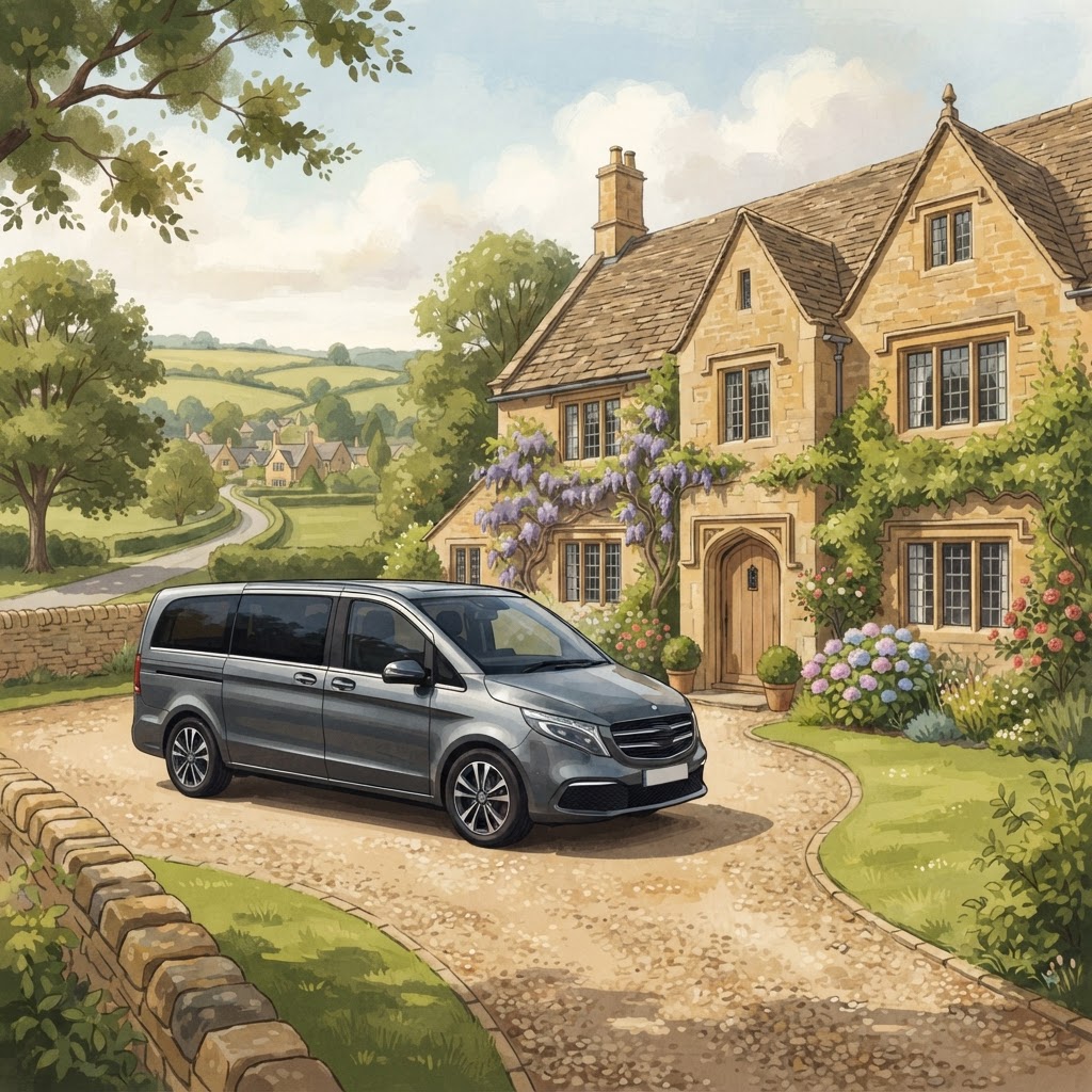 Illustration of a chauffeur-driven luxury car for cruise terminal transfers to the Cotswolds from Southampton