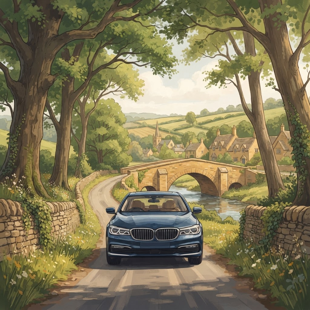 Illustration of a Cotswold chauffeur luxury car for private airport transfers between Gatwick and the Cotswolds