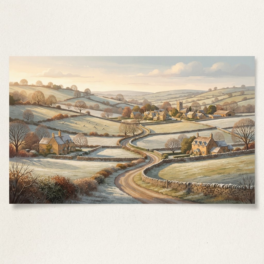 Illustration of scenic Cotswold countryside with rolling hills and golden limestone architecture
