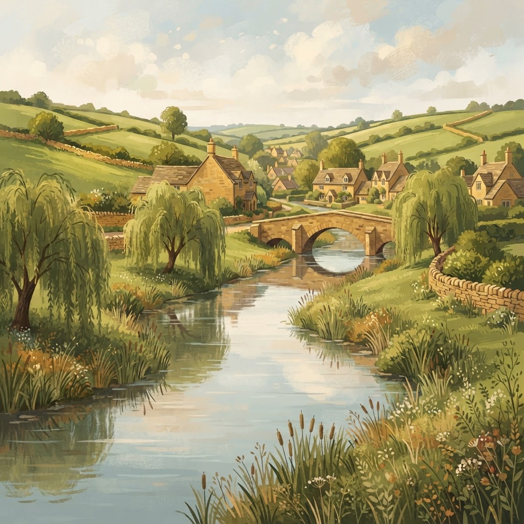 Illustration of scenic Cotswold countryside with rolling hills and golden limestone architecture for Cotswold travel advice