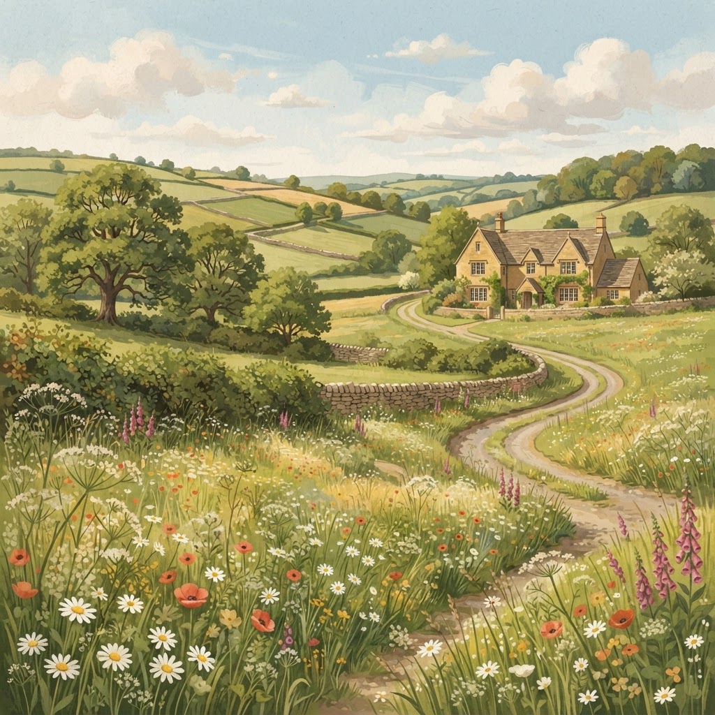 Illustration of scenic Cotswold countryside with rolling hills and golden limestone architecture for Cotswold travel advice
