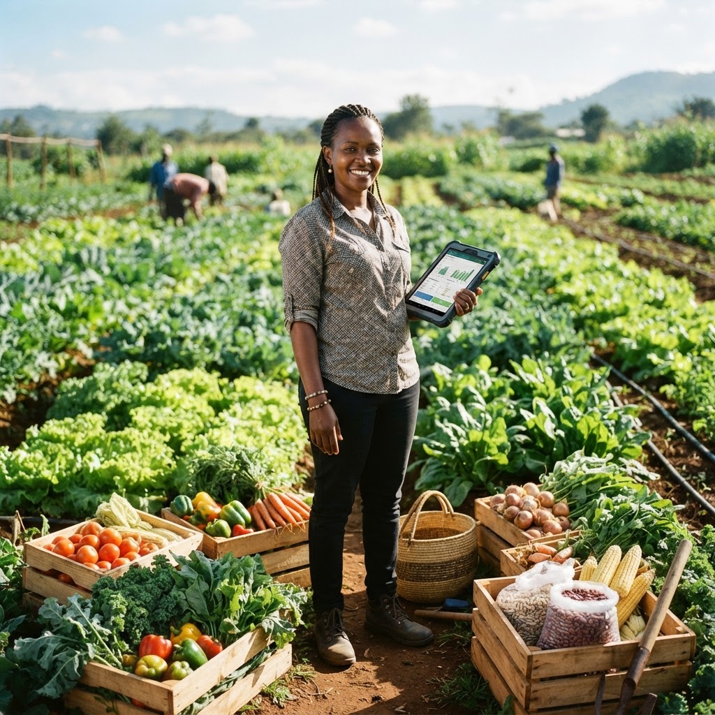 African farmer managing her produce with technology