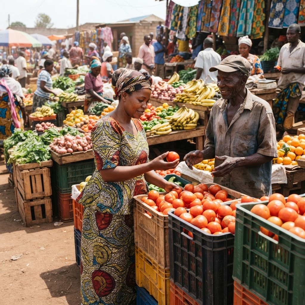 African buyer inspecting fresh produce at an agricultural market