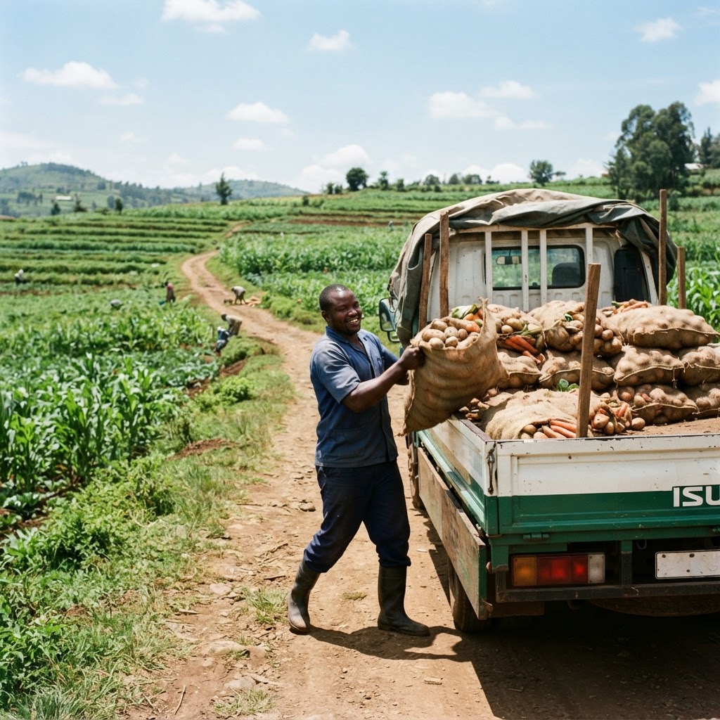 African truck driver loading produce for delivery