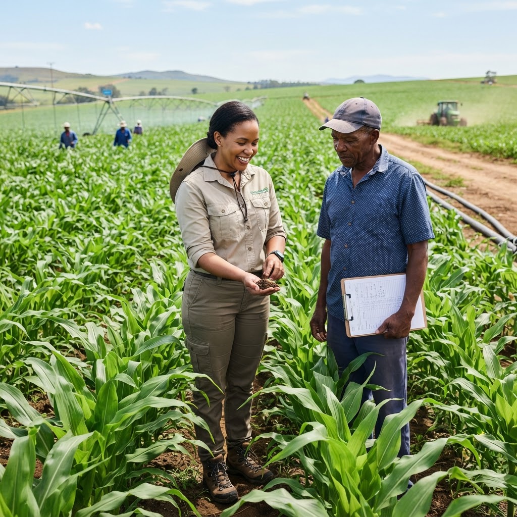 African agronomist inspecting crops on a farm