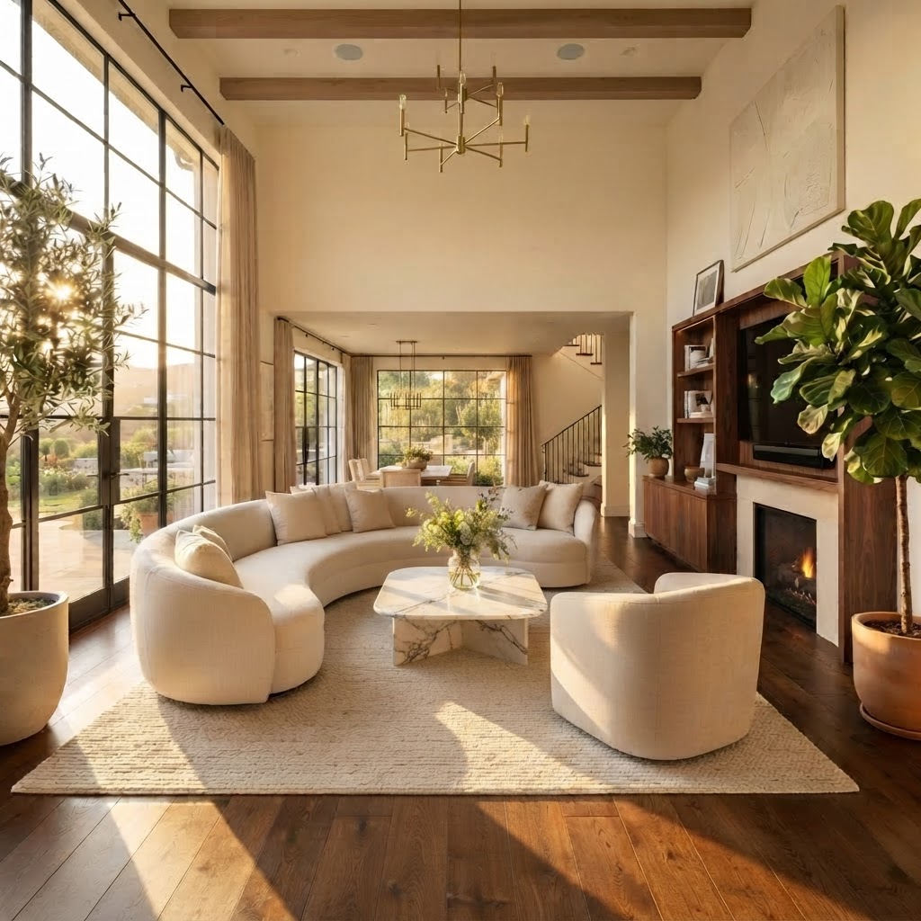Sunlit pristine luxury living room with cream furnishings and golden morning light