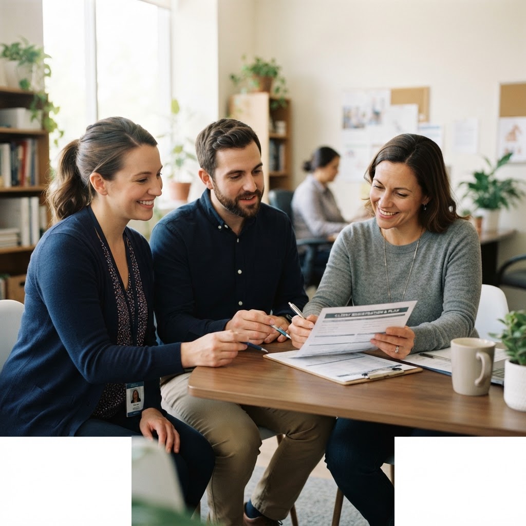 Support workers guiding a patient through paperwork