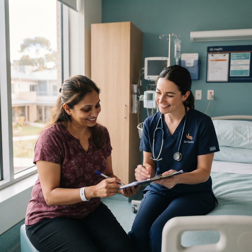 An SA Health professional assisting a mid-40s Indian Australian patient