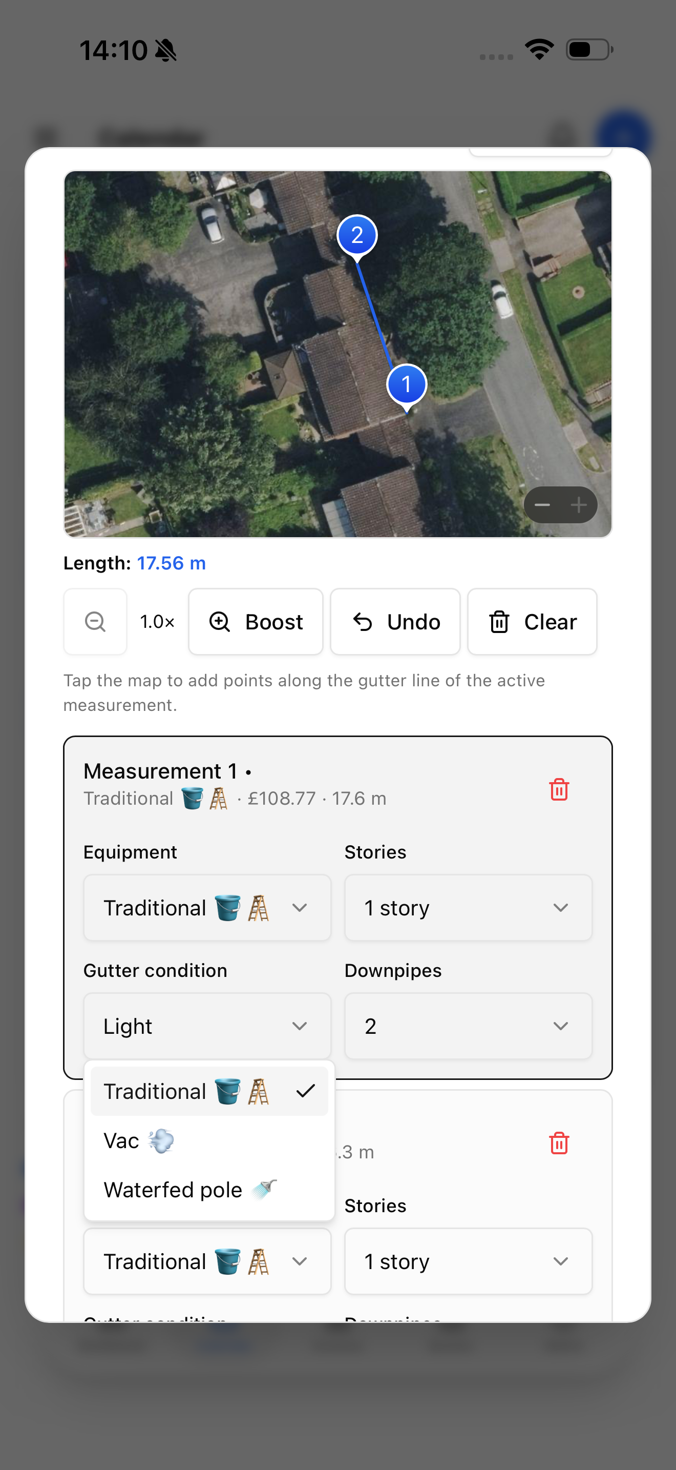 Measure gutter length from the satellite map and price the clean by the metre