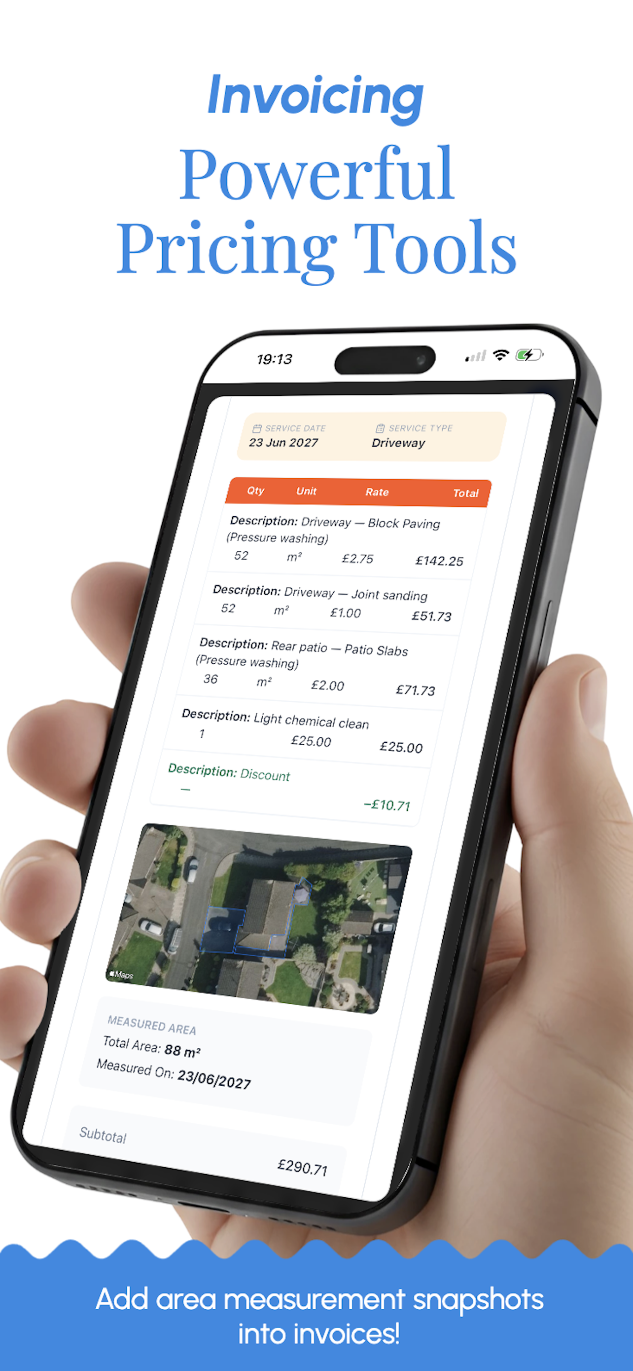 Send a branded soft washing quote and invoice with the measured area and chemicals