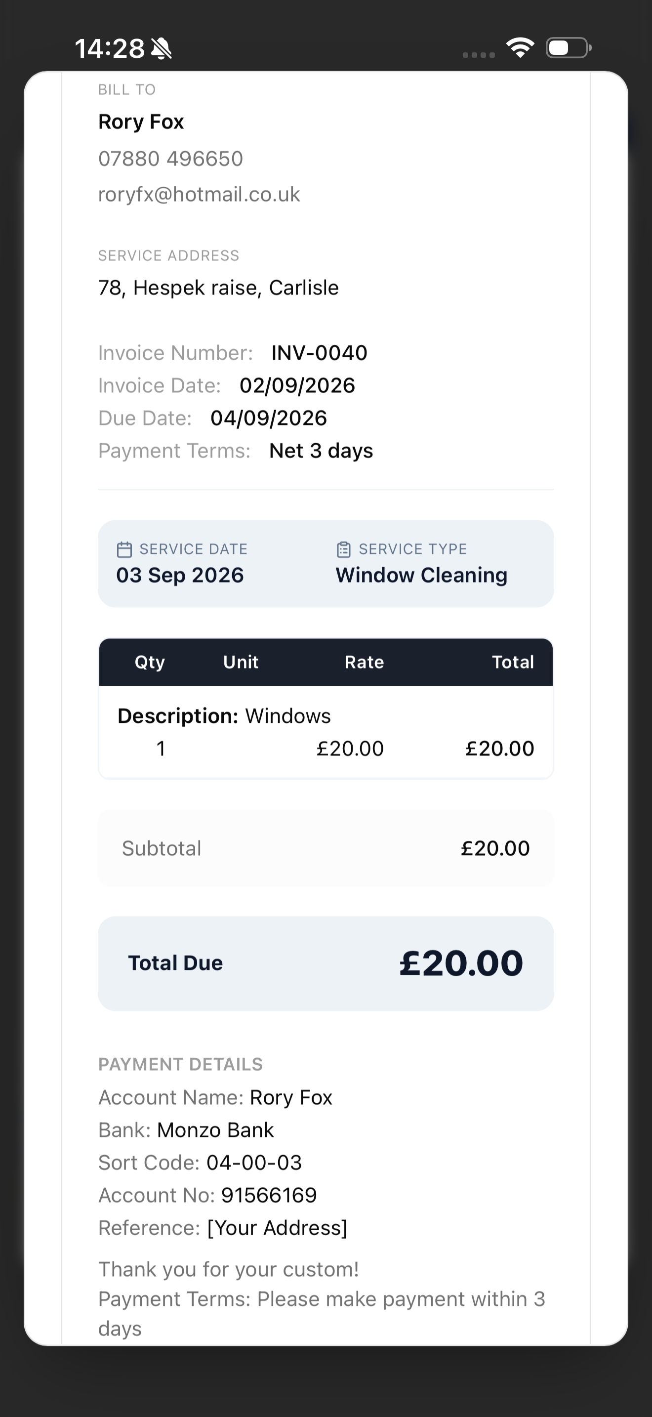 Send a branded window cleaning invoice with payment terms and bank details