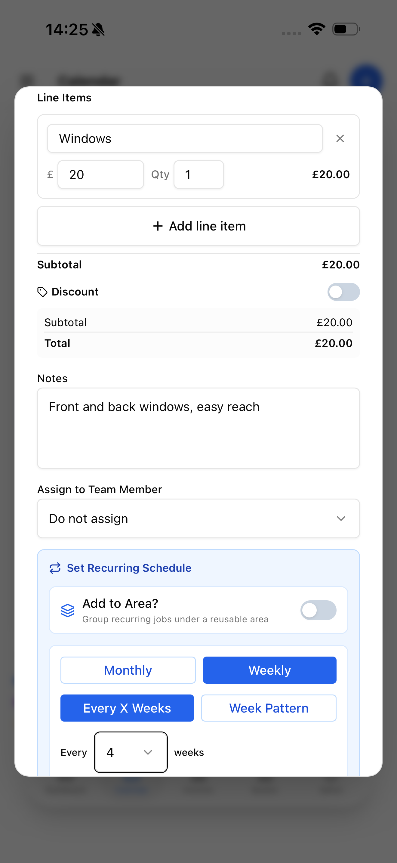 Set a window cleaning price with line items and a recurring weekly schedule