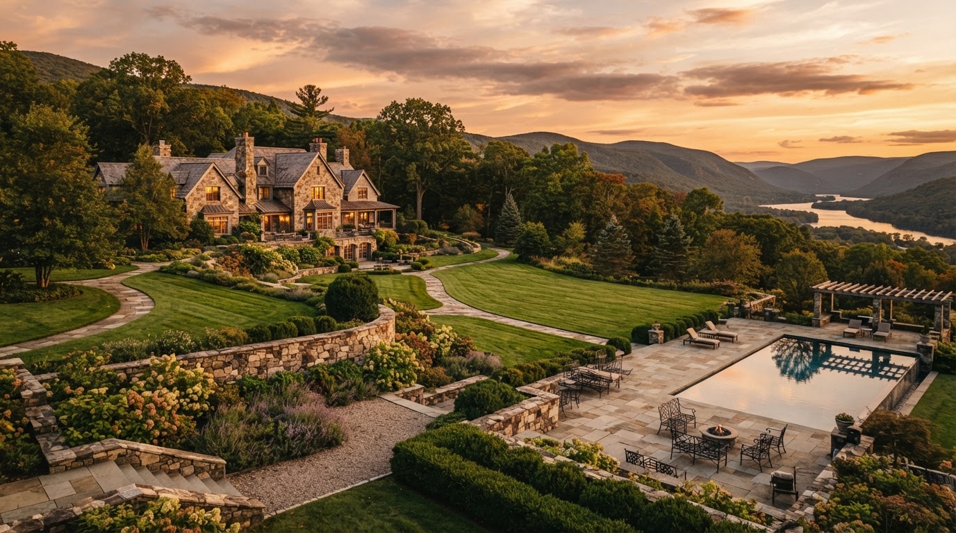Expansive luxury estate landscape at golden hour