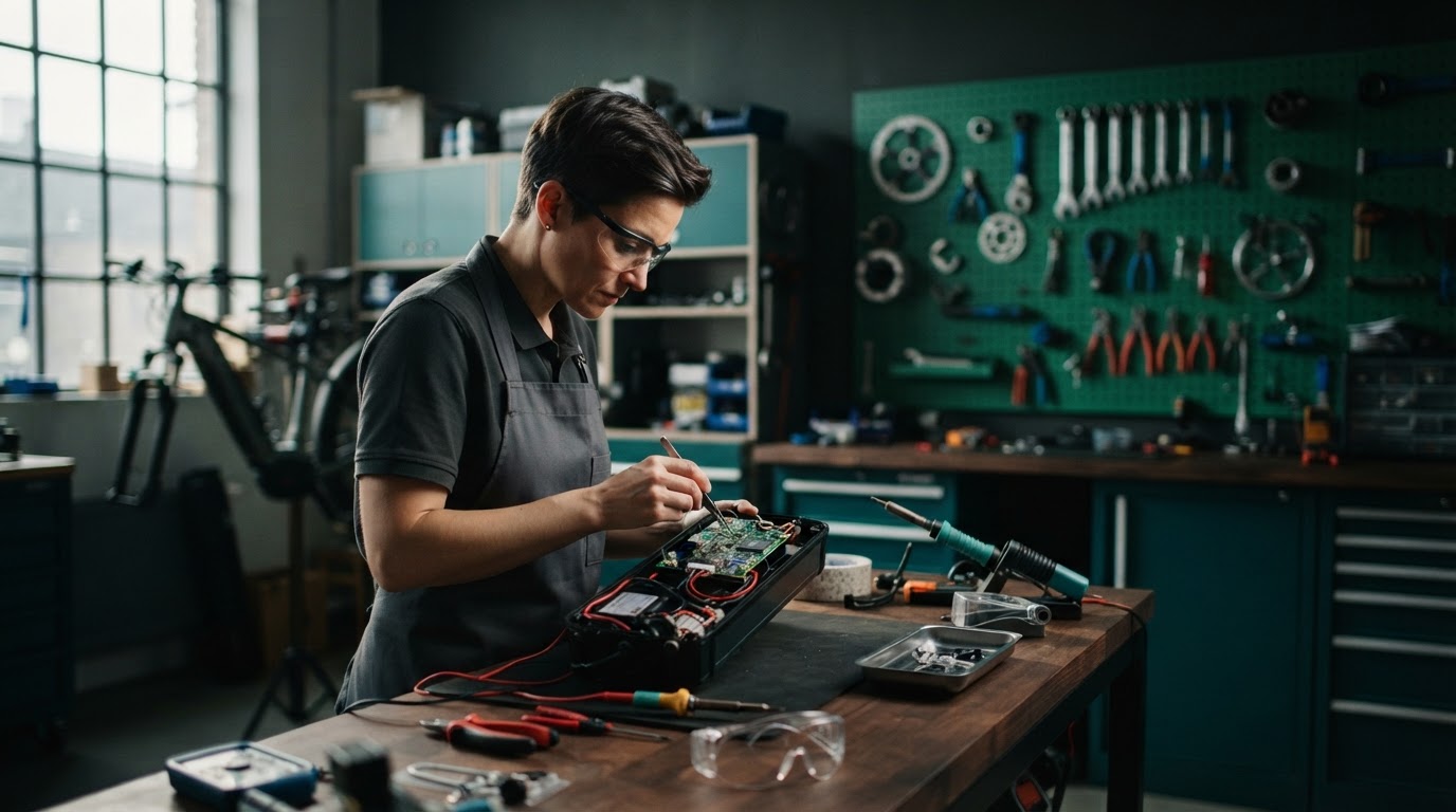 Technician inspecting an e-bike battery in a modern workshop