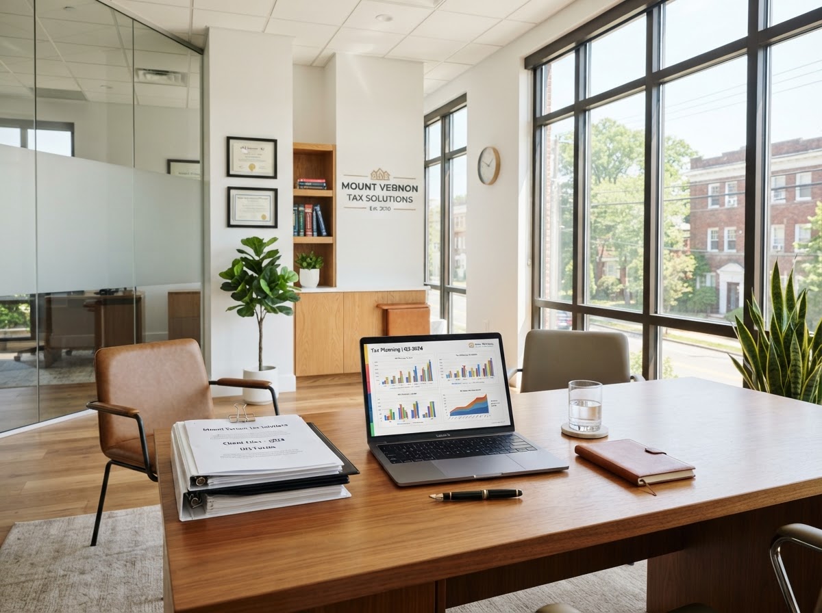 Professional tax office in Mount Vernon, New York with organized financial documents and modern workspace