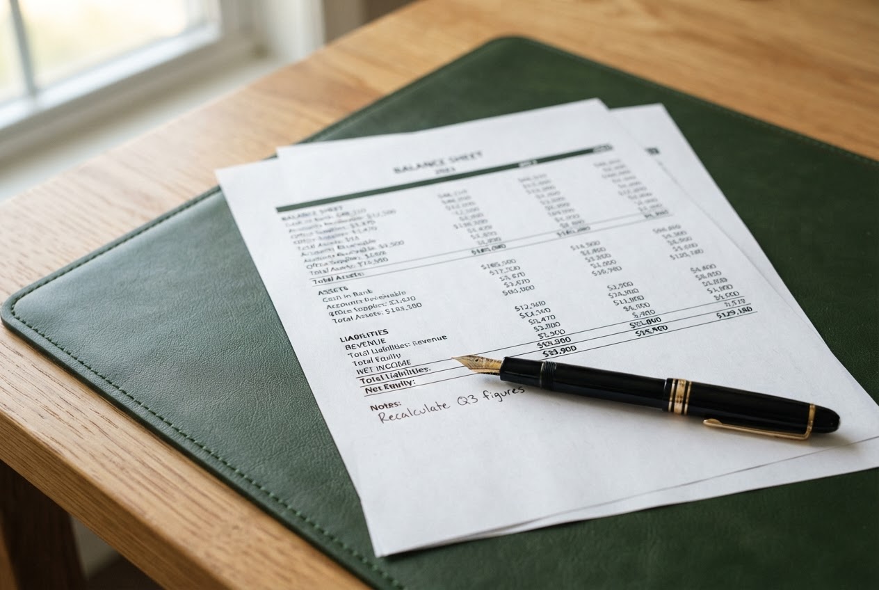 Tax preparation documents and fountain pen on a professional desk in White Plains