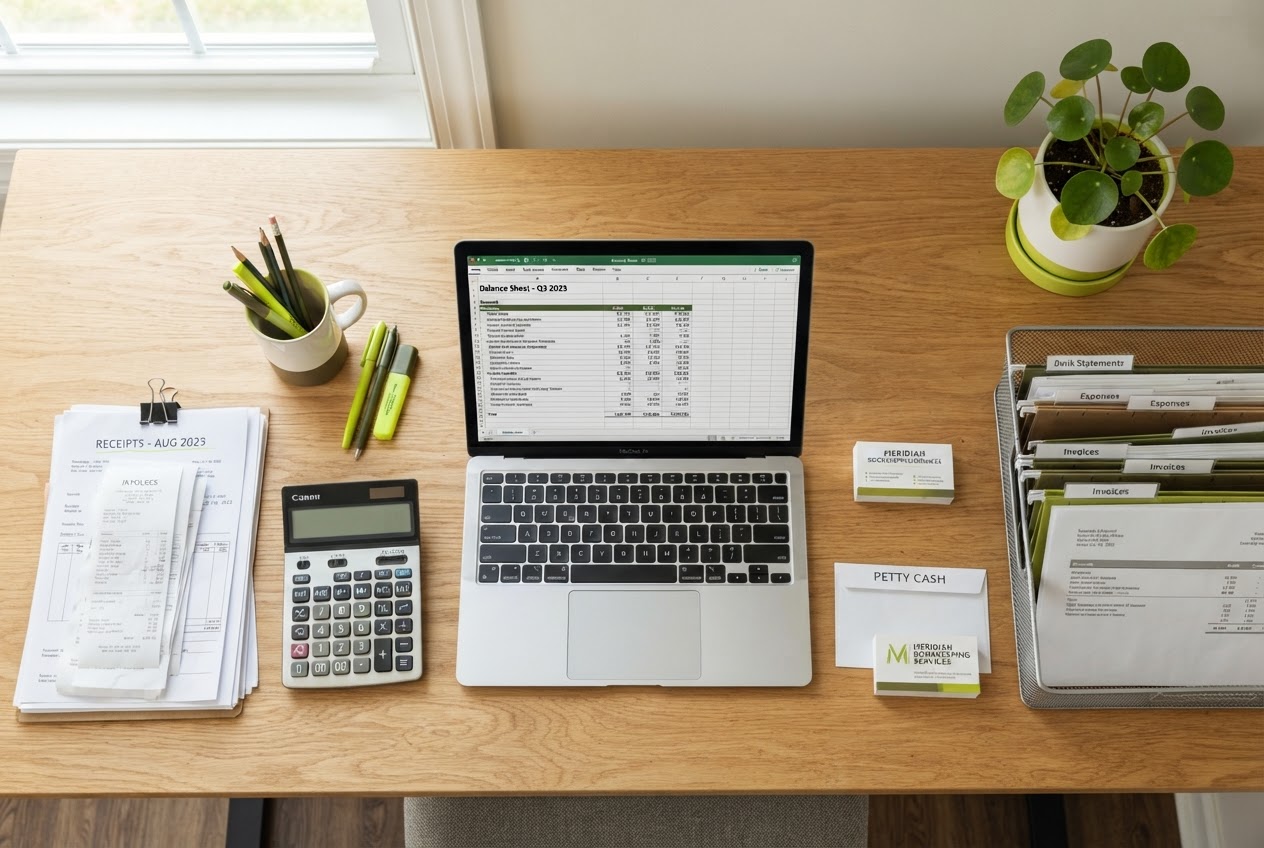 Organized bookkeeping workspace with laptop, receipts, and filing system in White Plains