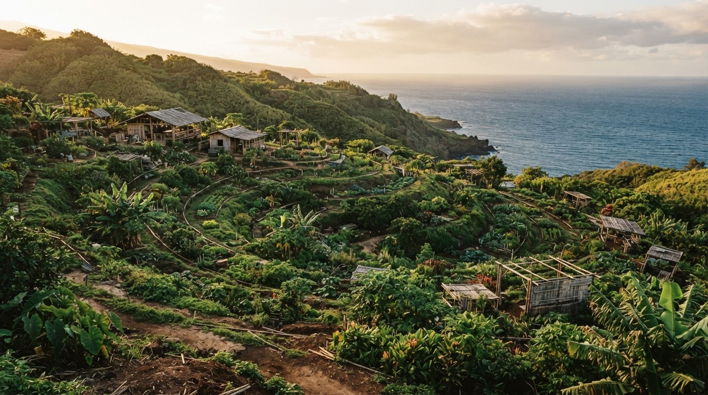 Lush tropical permaculture farm at golden hour with terraced gardens and ocean view