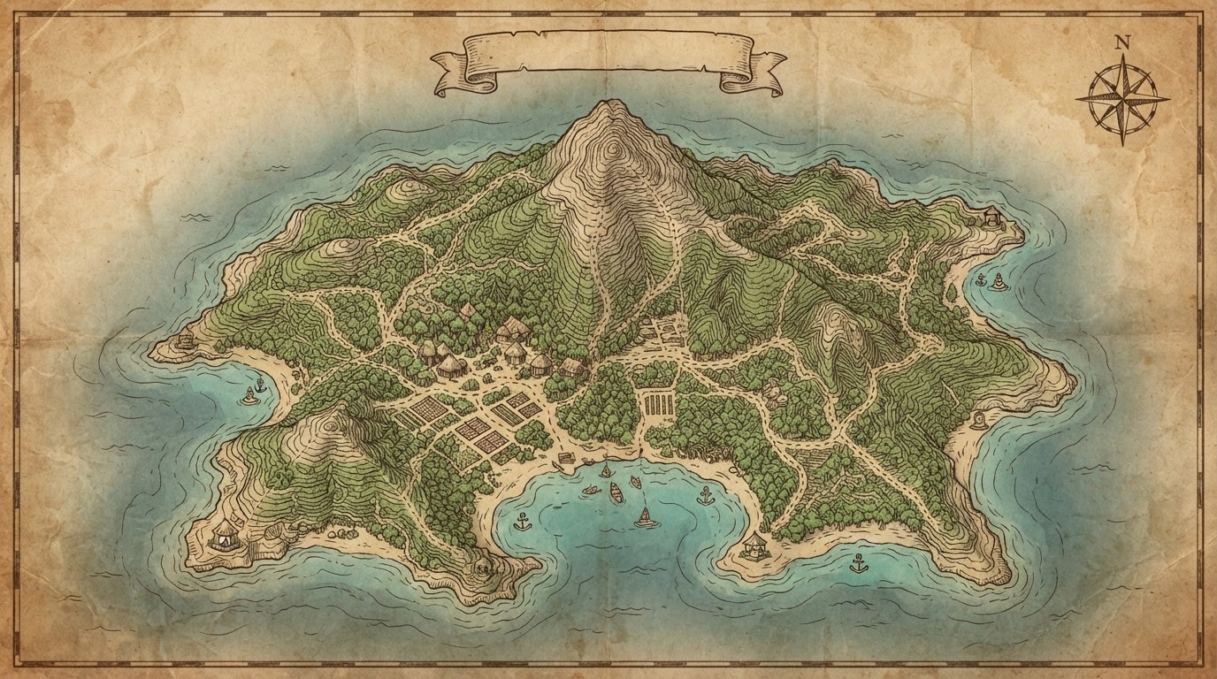 Hand-drawn topographical map of Kalinawan Haven showing garden beds, bamboo huts, diving spots, and trails