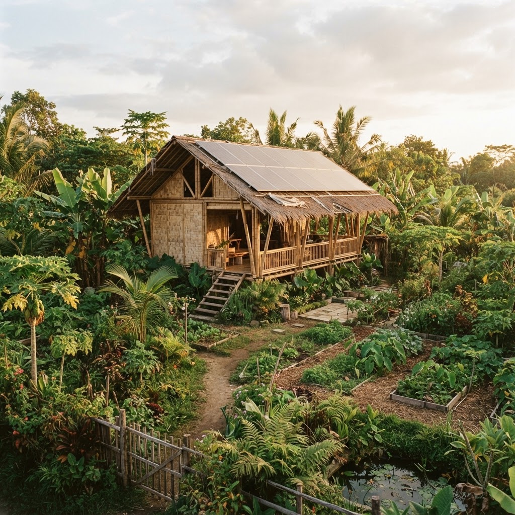 Hand-built bamboo structure with integrated solar panels on a permaculture farm