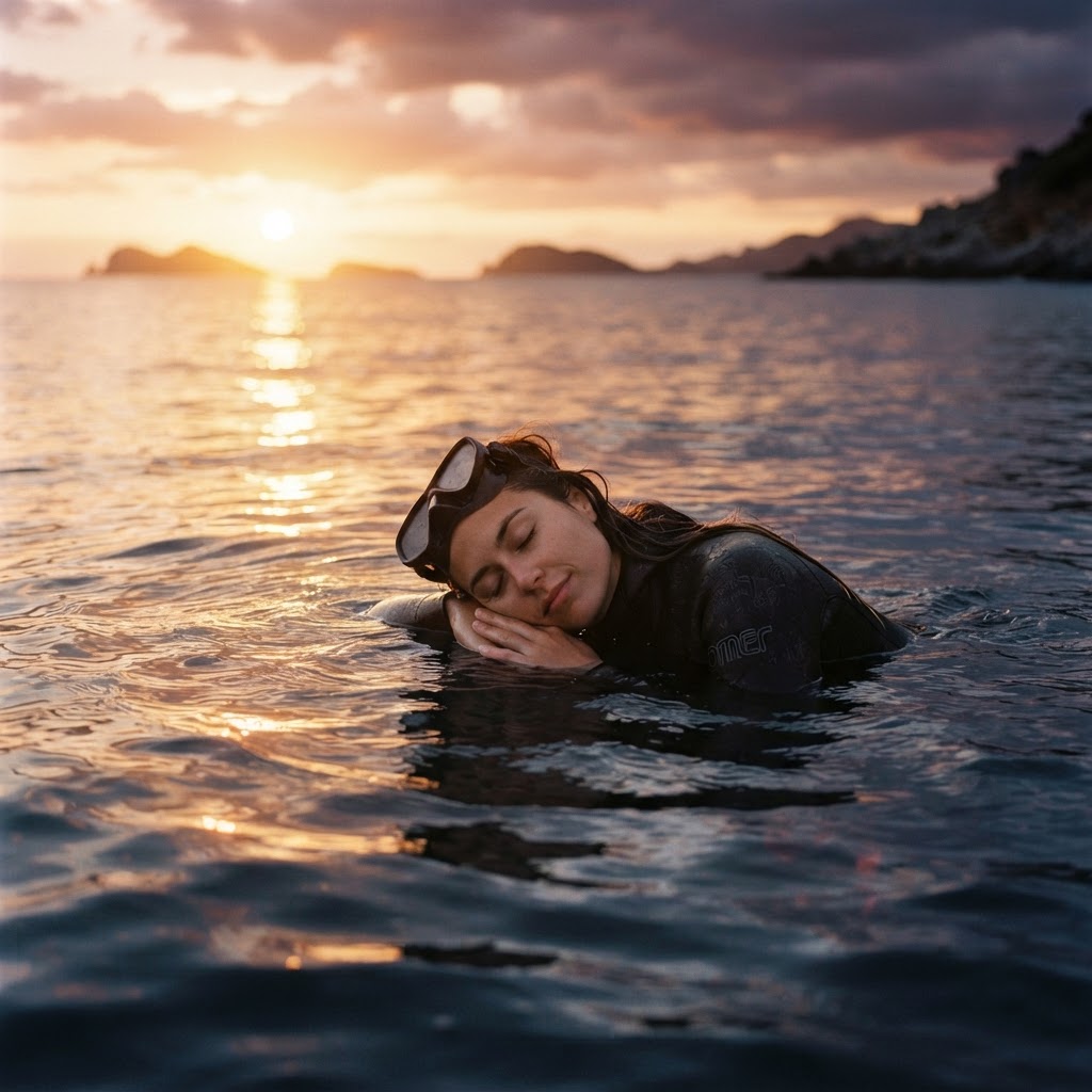 Freediver resting at the water surface at sunset