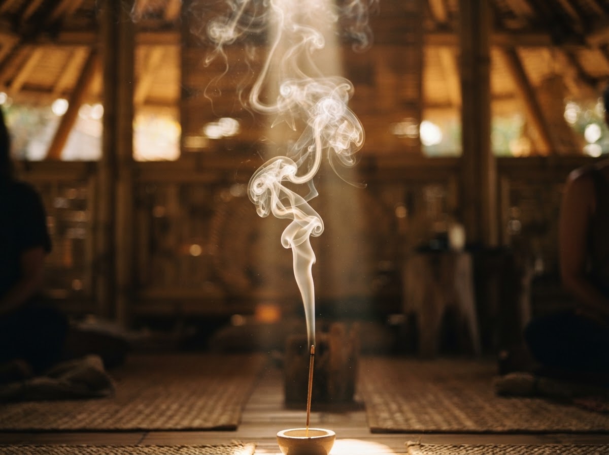 Incense smoke curling in golden sunbeam inside bamboo meditation hall