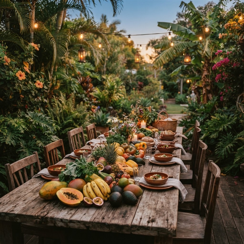 Communal outdoor harvest table covered with fresh vegetables and tropical fruits