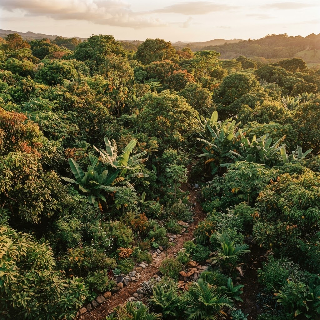 Overhead view of a lush permaculture food forest with layered tropical canopy