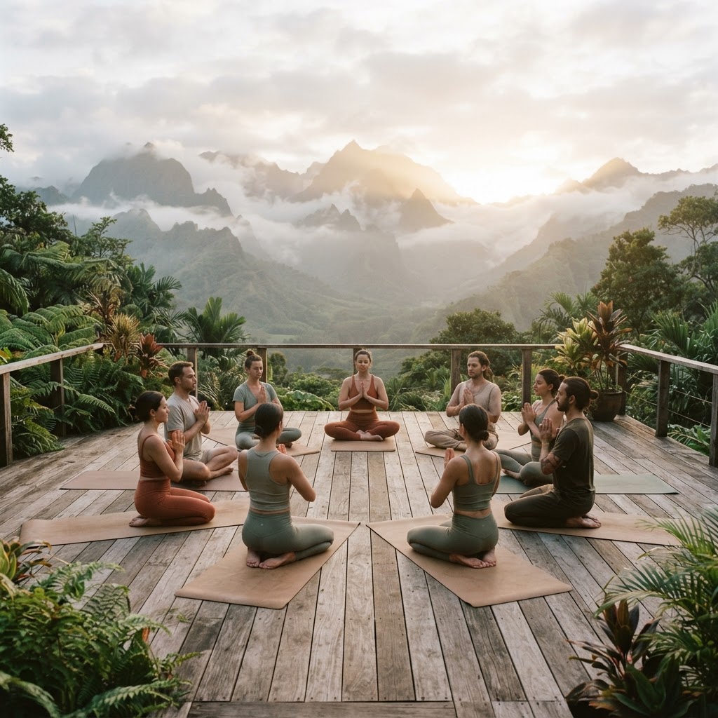 Group practicing sunrise yoga on a wooden deck overlooking misty mountains