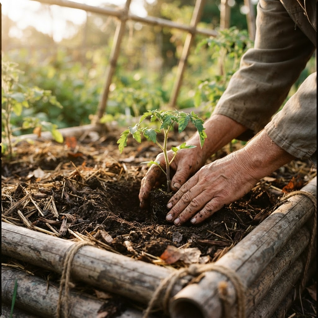 Weathered hands planting a seedling in rich dark soil