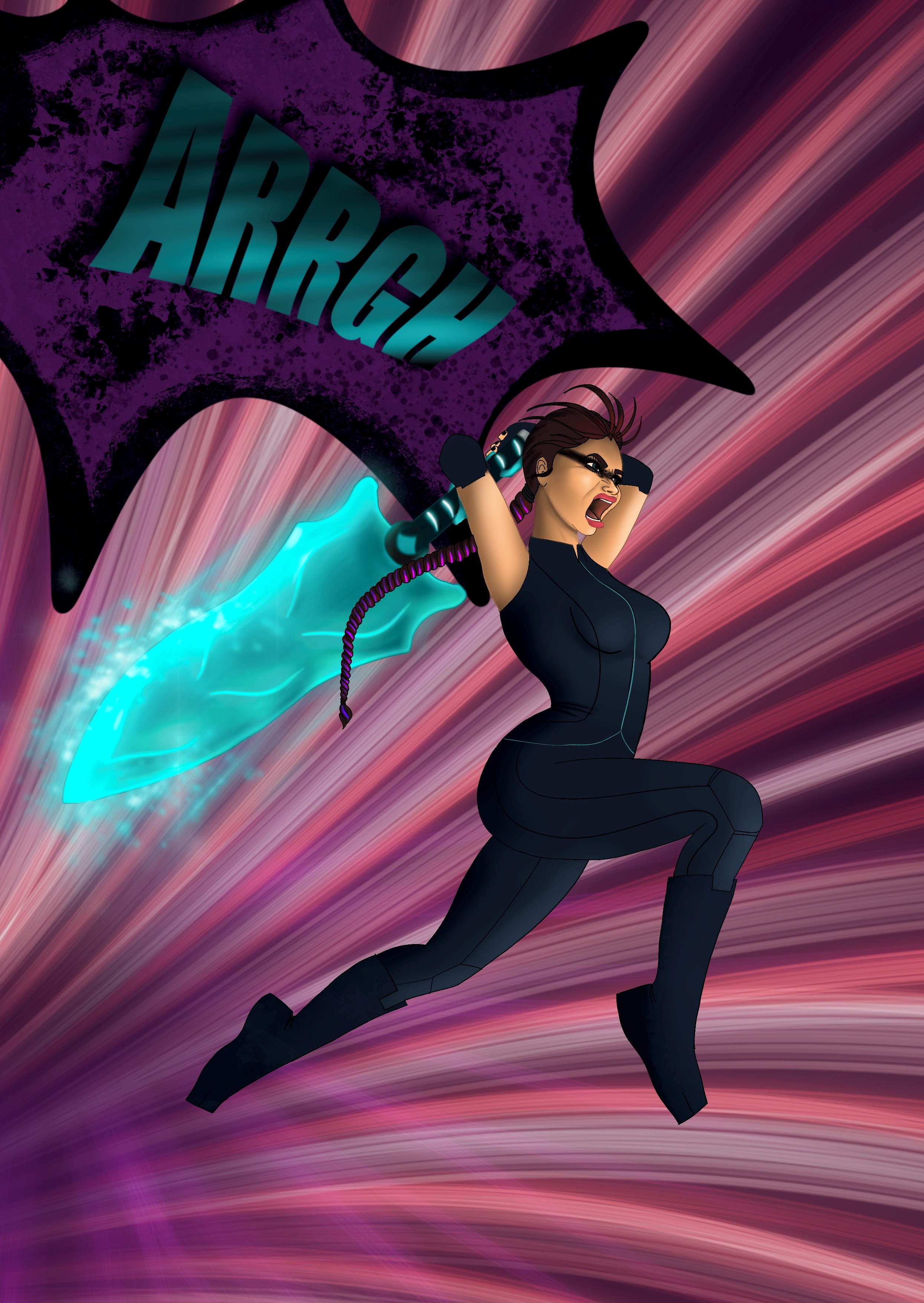 A warrior mid-leap brandishing a glowing energy blade in The Last City comic