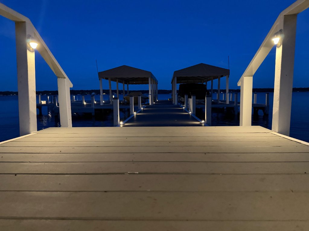 Dock walkway low-voltage lighting installed by New Leaf Construction's Electrical Division