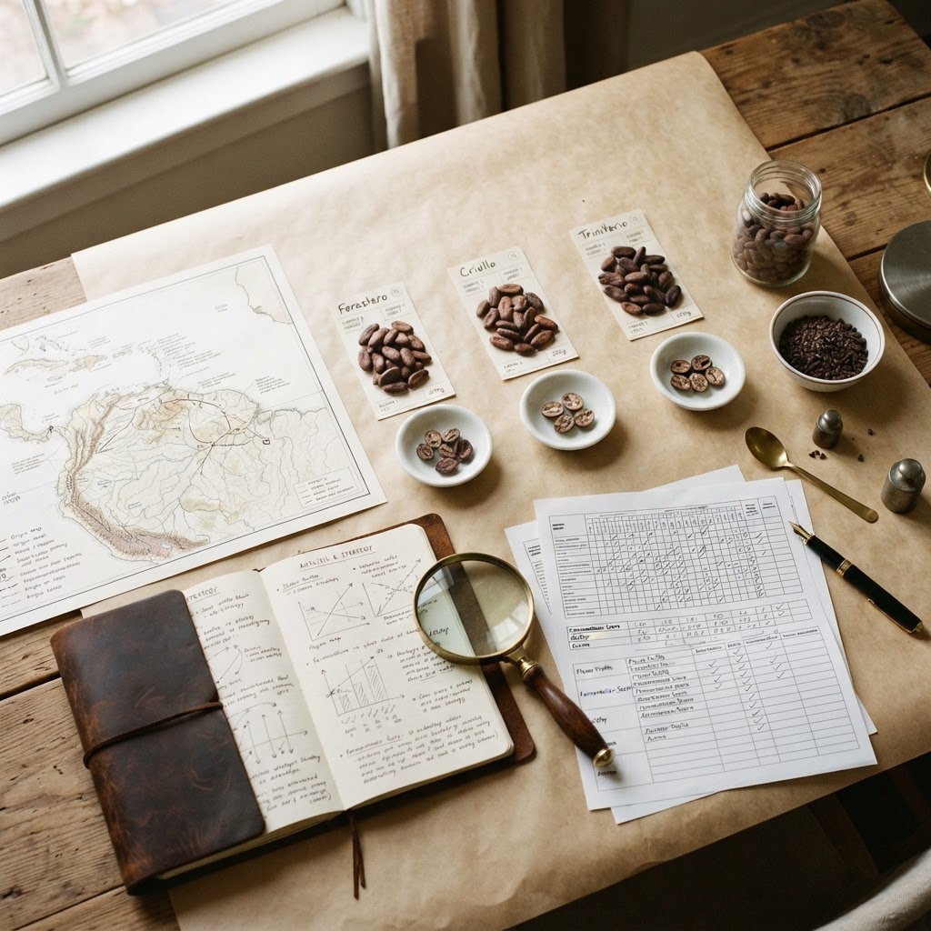 Advisory workspace with cacao samples, origin maps, and strategy notes