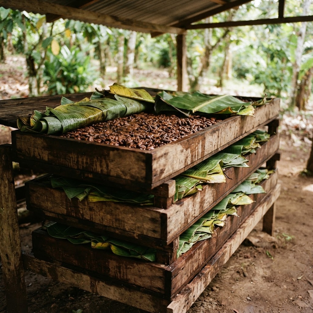 Tiered wooden cacao fermentation boxes