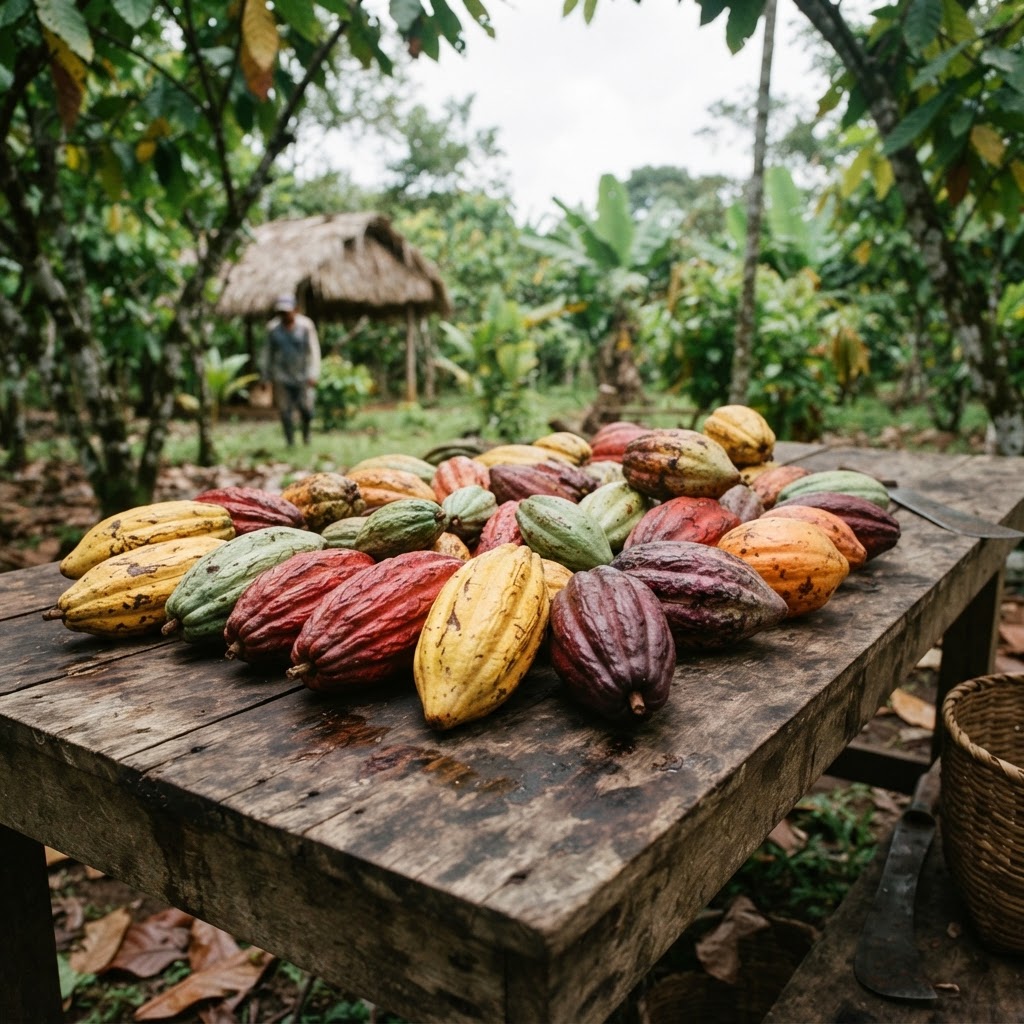 Cacao pods of different varieties showing genetic diversity