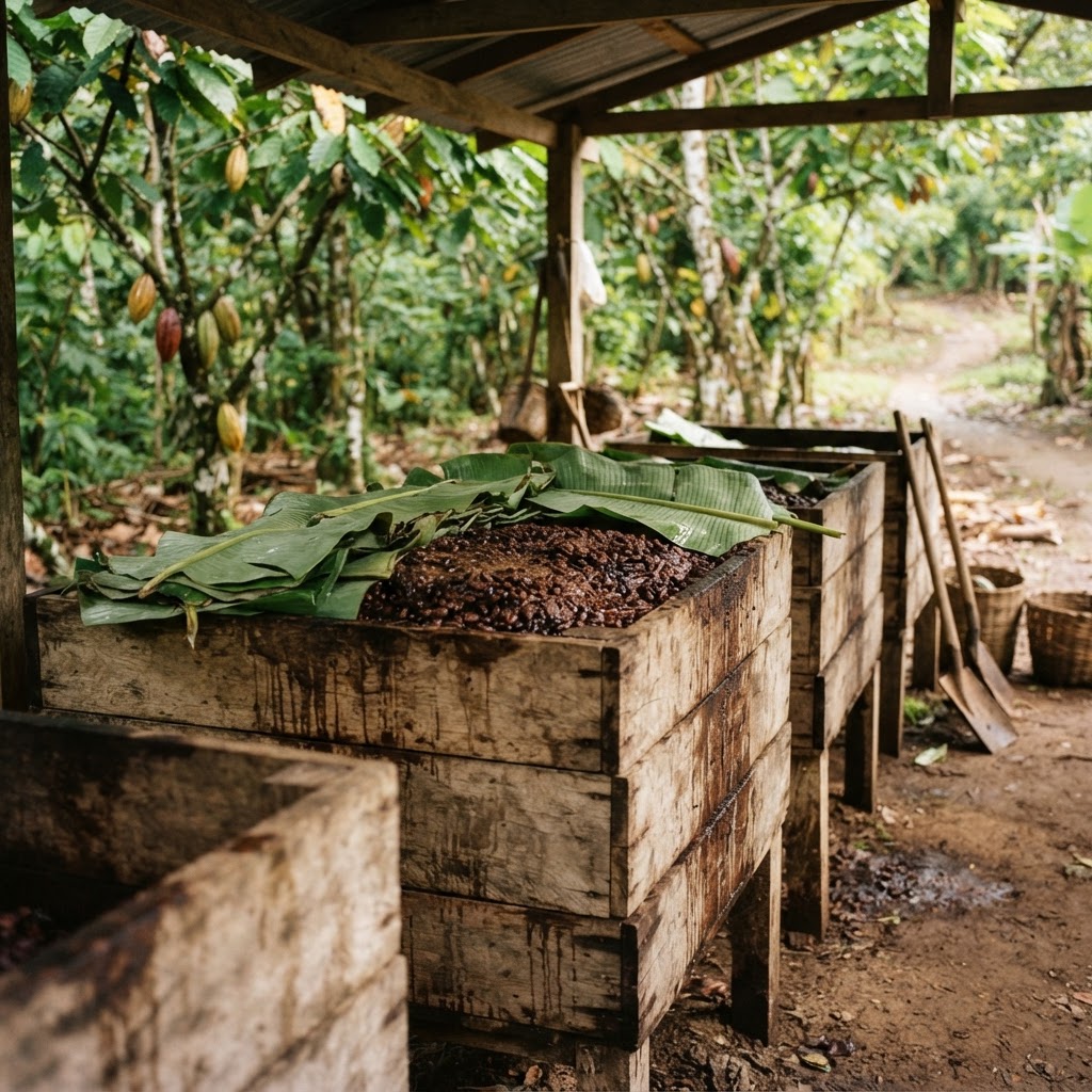 Cacao fermentation boxes on a farm