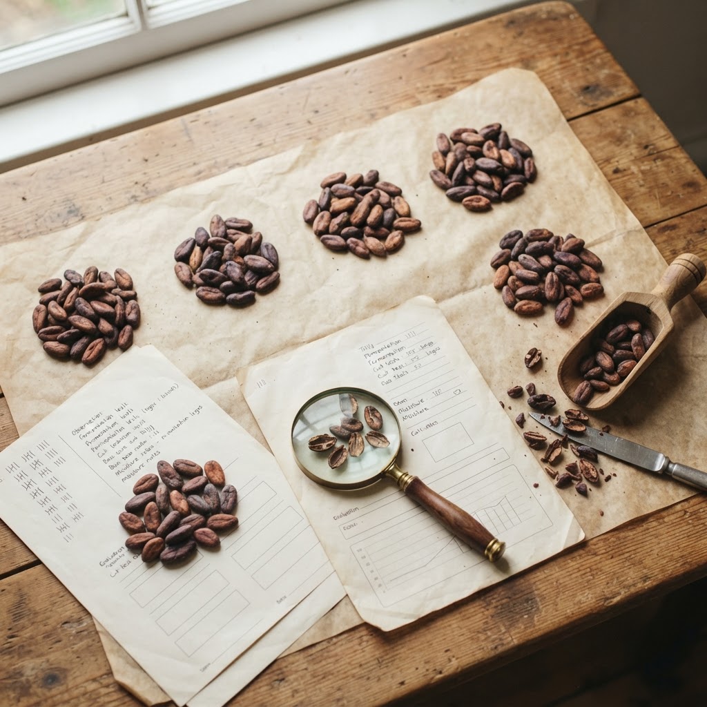 Cacao bean samples with quality assessment documents and origin notes