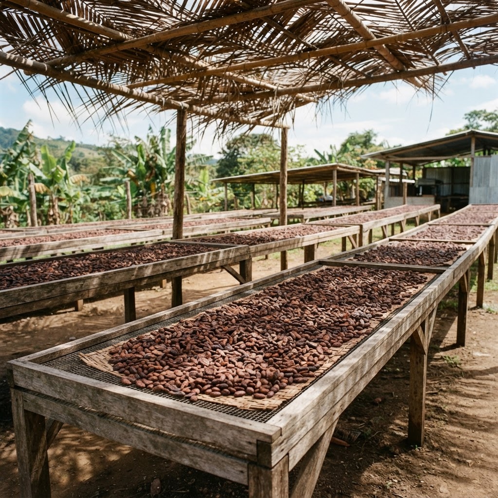 Wooden drying tables with cacao beans at a cooperative