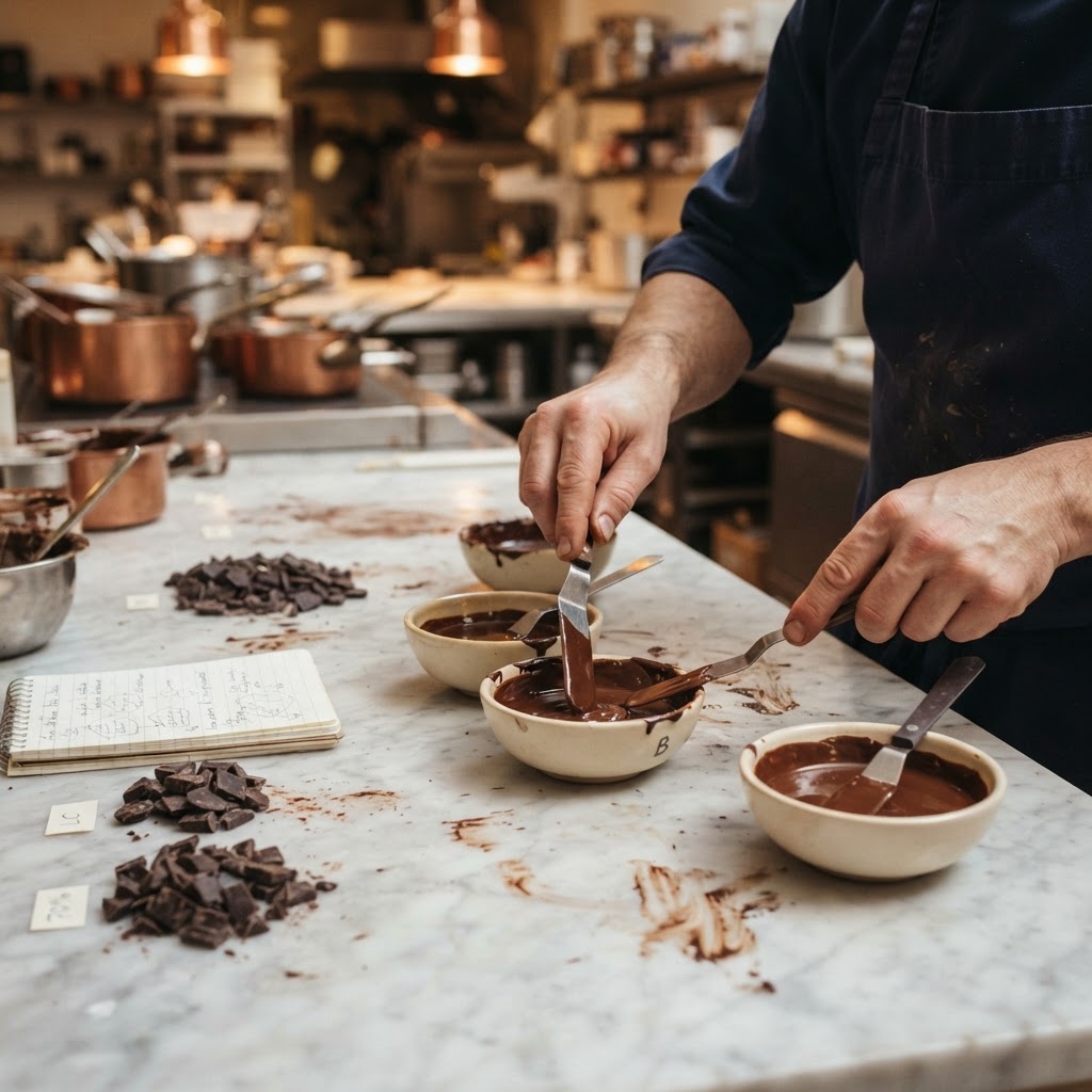 Cacao couverture samples and formulation notes on a work surface