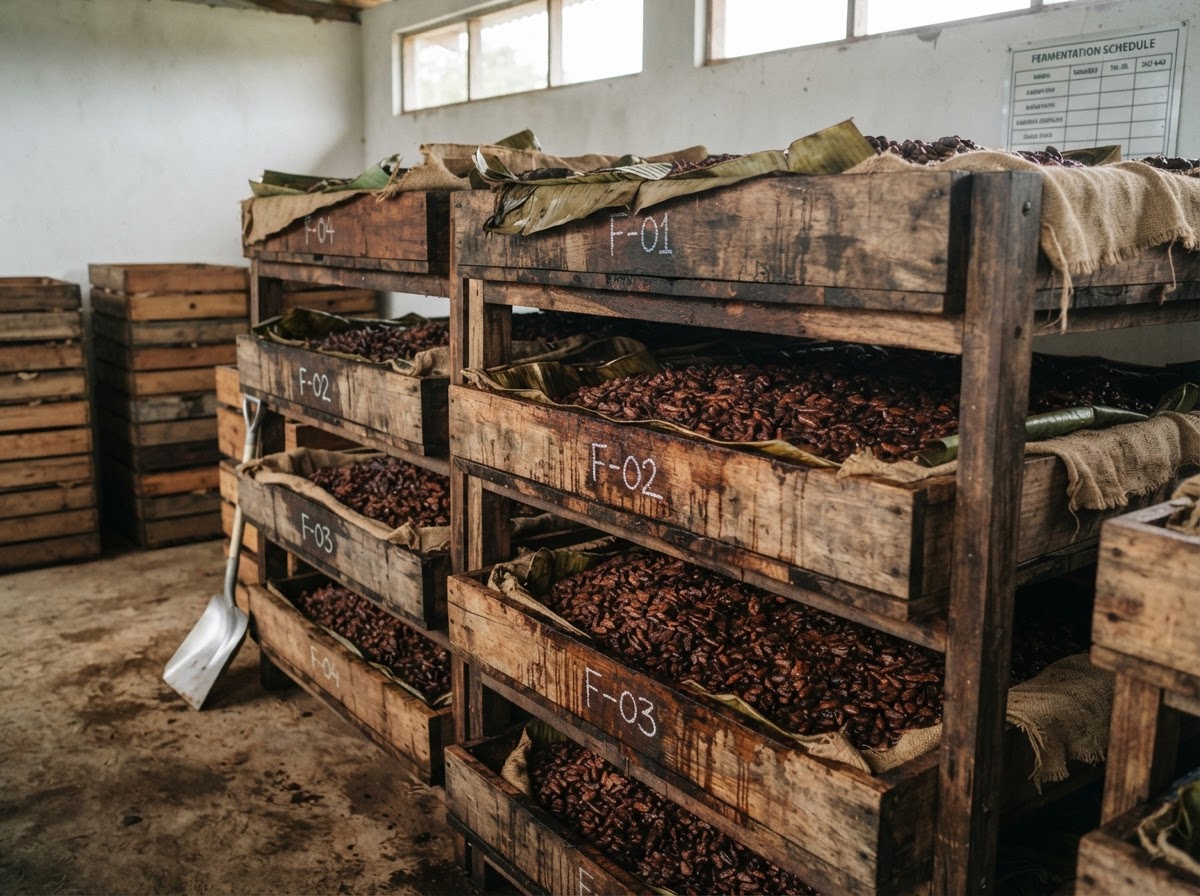 Tiered wooden cacao fermentation boxes in an organized facility