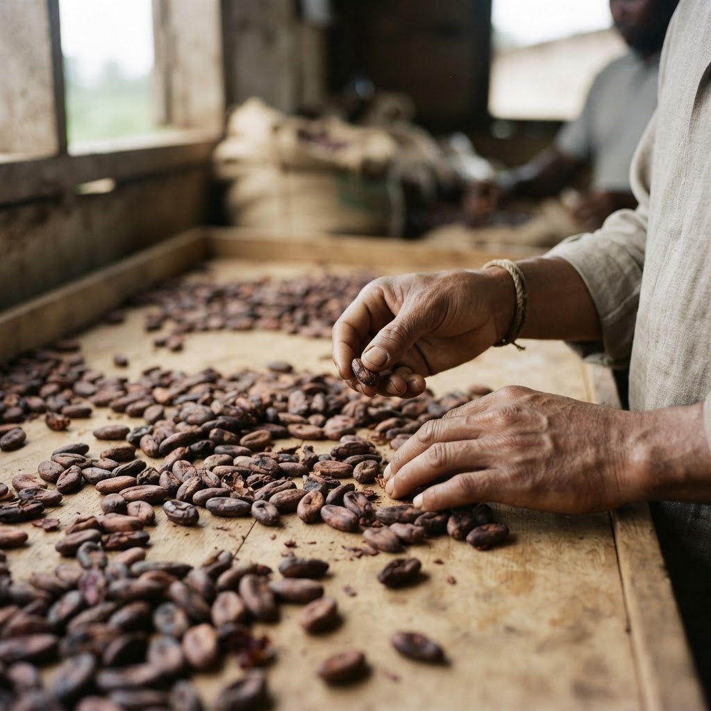 Cacao cut-test quality assessment with fermented beans spread across a parchment surface