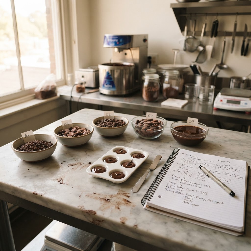 Chocolate formulation review with cacao samples and couverture testing in a technical lab setting