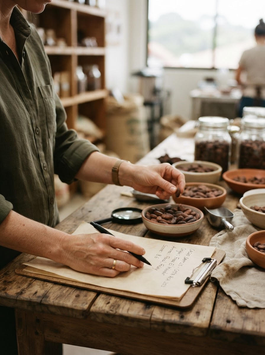 Cacao sample quality evaluation at a professional assessment table