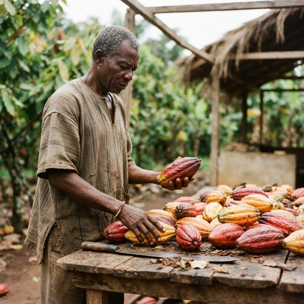 Cacao farmer inspecting freshly harvested pods at origin