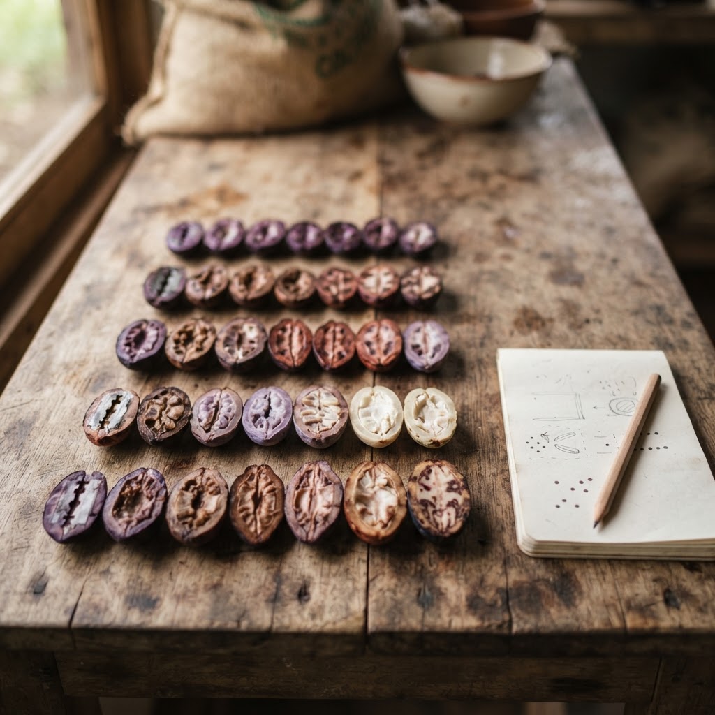 Cacao cut test showing internal bean fermentation and color