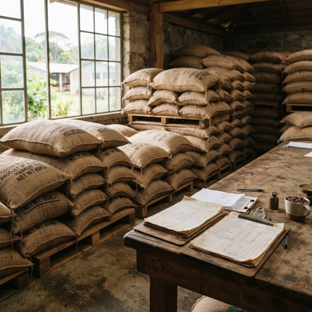 Cacao sacks with shipping documents in an origin warehouse