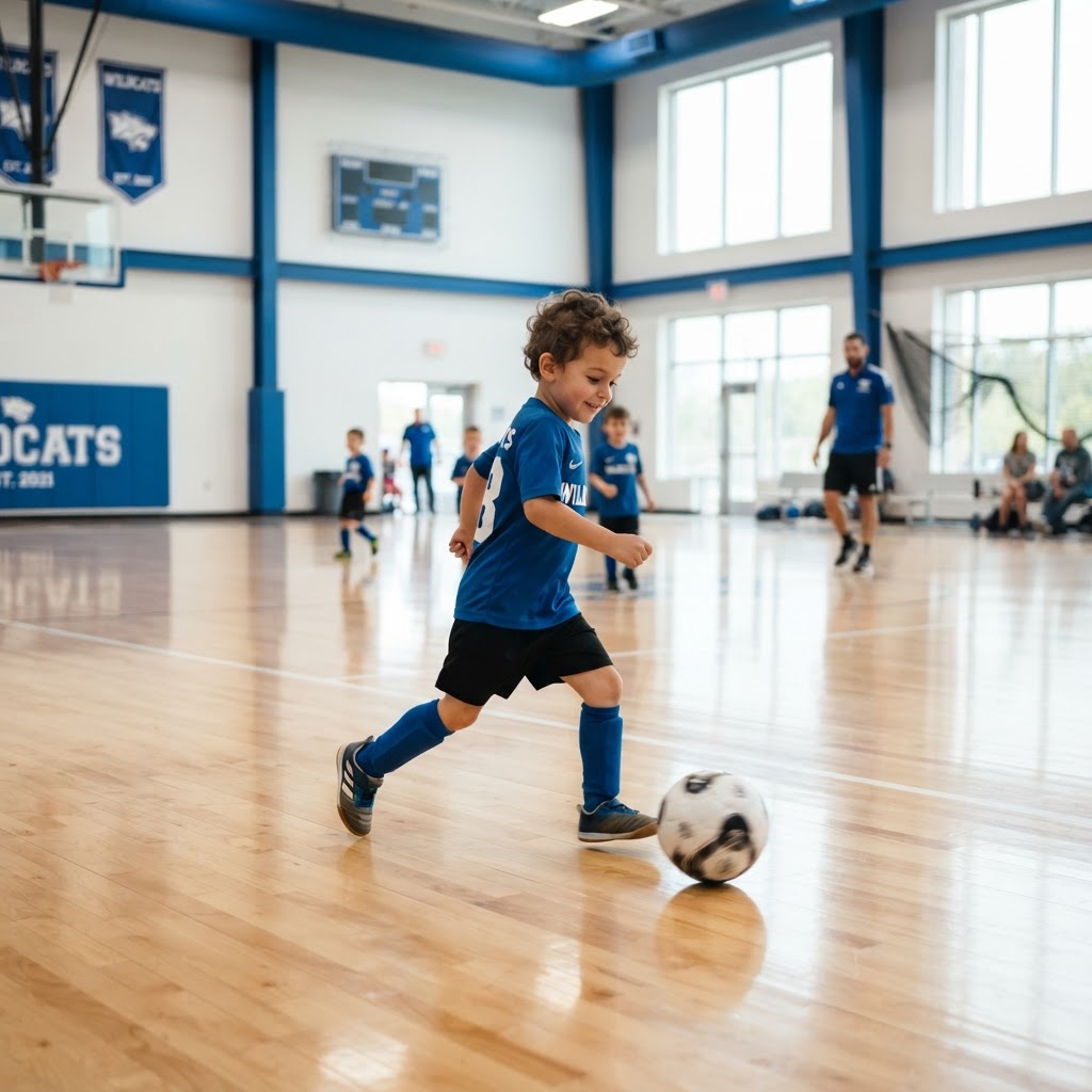 Young athletes training on the indoor soccer pitch