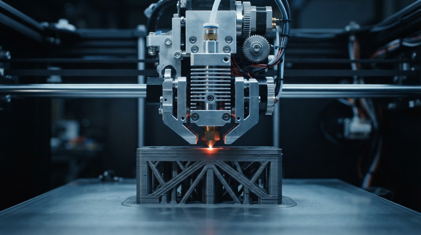 Industrial FDM 3D printer extruder head in motion depositing thermoplastic