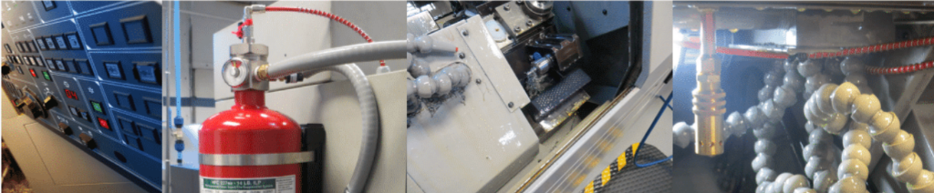 Four-panel collage of Firetek suppression components: control panel, cylinder, machine cabinet interior, and discharge nozzle